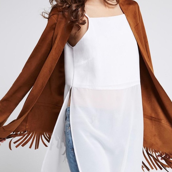 BCBG Jackets & Blazers - SOLD! BCBG NWT faux suede fringe hem jacket cognac